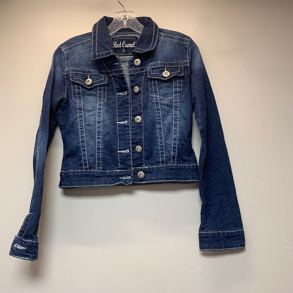Red Camel Denim Jacket Womens Small Dark Blue Excellent Contrast Stitch Cropped